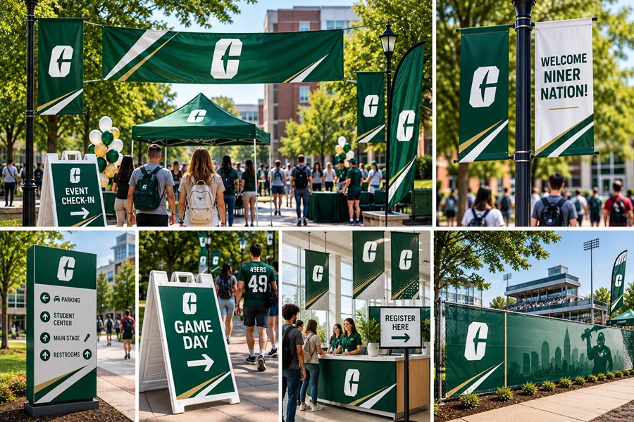 A collage of the new exterior signage for Game Day at the Niner.